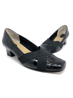 Ros Hommerson Shoes Womens 8M Black Croc Leather Square Toe Pump Heels Slip On